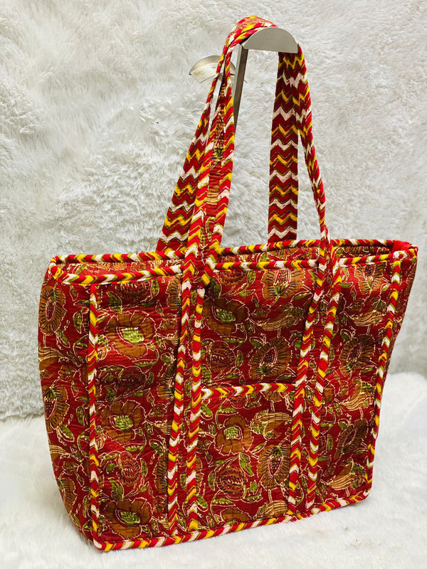 Orange & Multi Coloured Pure Cotton Hand Block Printed Women Jumbo Hand Bang!!