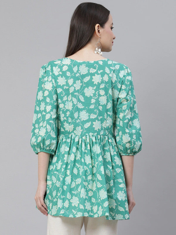 Sea Green & Off White Coloured Pure Cotton Floral Peplum Print Round Neck, Bell Sleeves Women Party/Daily wear Western Top!!