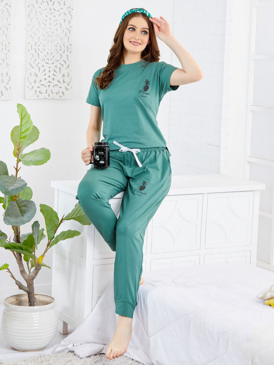 Rama Green Coloured Pure Lycra Cotton Embroidered Round Neck Short Sleeves Woman Designer Stylish Top & Pant Night suit!!