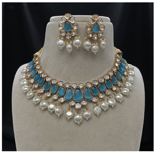 Gold & Blue Coloured Pure Brass with Real Kundan & Pearls Women One Gram Gold Designer Necklace with Earrings!!