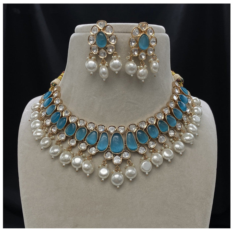 Gold & Blue Coloured Pure Brass with Real Kundan & Pearls Women One Gram Gold Designer Necklace with Earrings!!