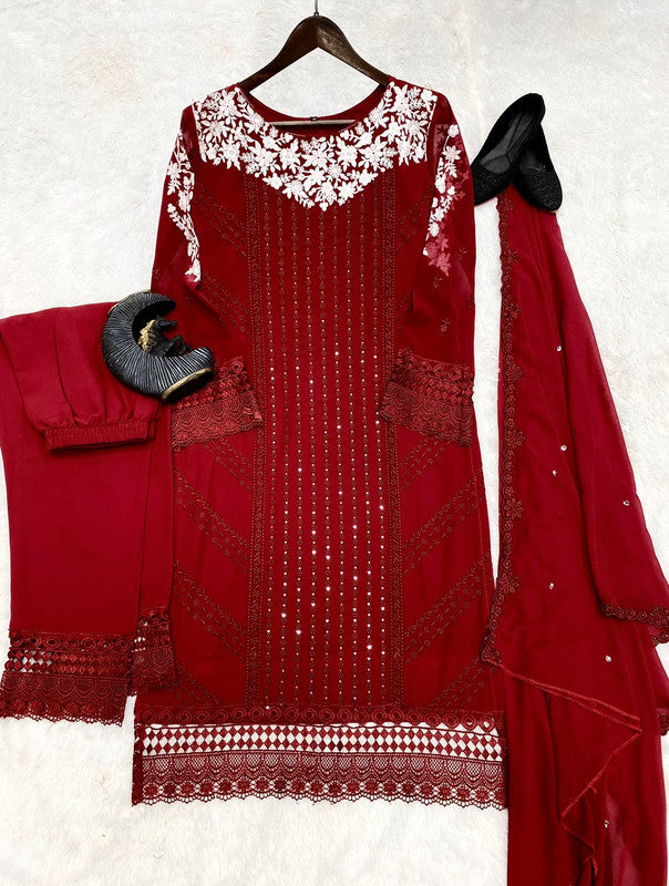 Maroon Coloured Georgette with Sequence Embroidery Work Women Designer Party wear Fully Stitched Suit with Pant & Dupatta!!