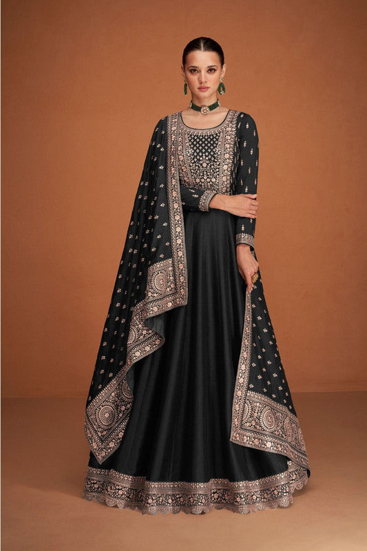 Black Coloured Premium Silk with Heavy Embroidery Work Round Neck Full Sleeves Women Fully Stitched Designer Party wear Gown with Dupatta!!