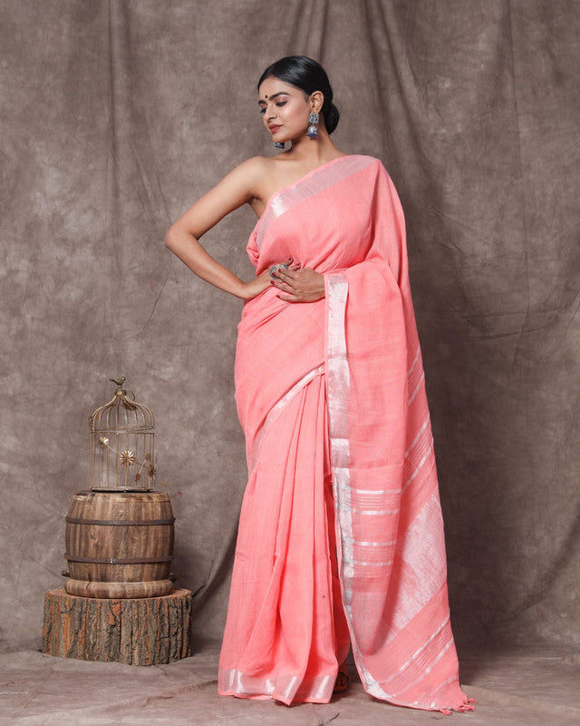 Pink Coloured Linen Cotton with Beautiful Jari Border Women Party/Daily wear Designer Linen Cotton Saree with Blouse!!