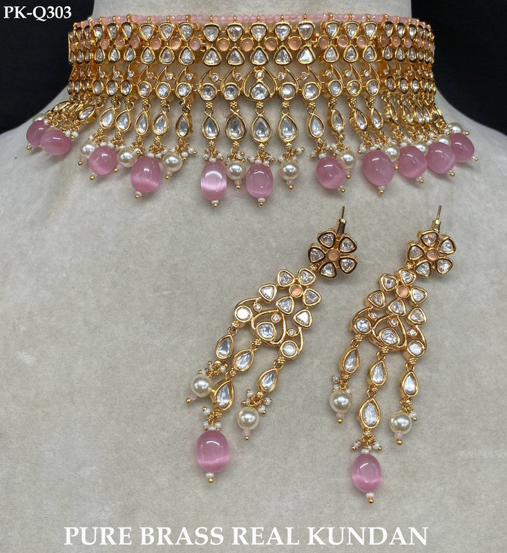 Pink Coloured Beautiful Premium Brass & Real Kundan with Pearls Women Gold Plating Choker Set with Long Earrings!!