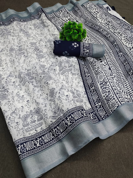 Soft cotton with heavy zari woven border with Digital Print