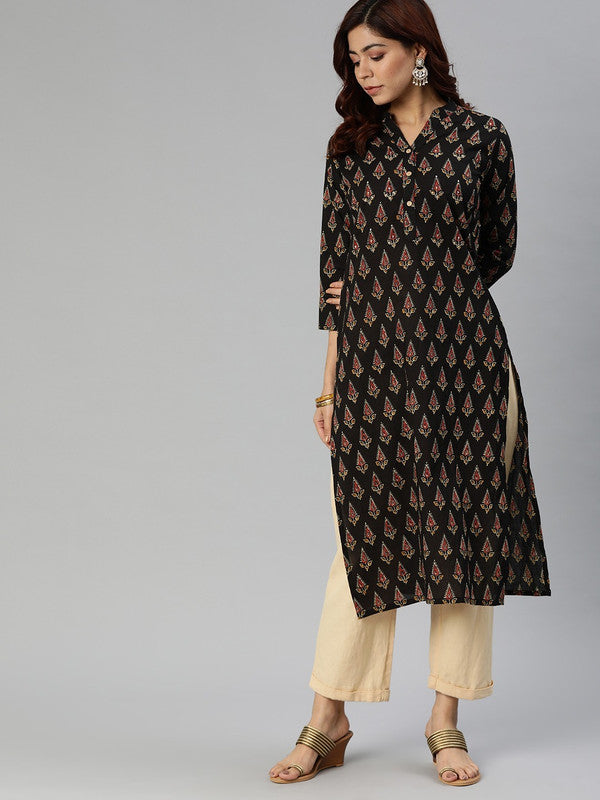 Black & Red Coloured Printed Mandarin collar 3/4 Sleeves Women Designer Party/Daily wear Cotton Straight Shape Kurti!!