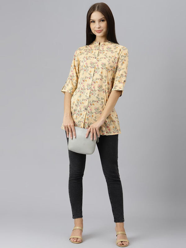 Beige Coloured Premium Viscose Rayon Floral Print Mandarin Collar Roll-Up Sleeves Women Party/Daily wear Western Shirt Style Top!!