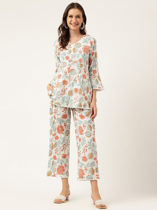 Blue & Pink Coloured Floral Printed V Neck 3/4 Sleeves Women Designer Party wear Pure Cotton Tunic & Trousers Co-Ords!!