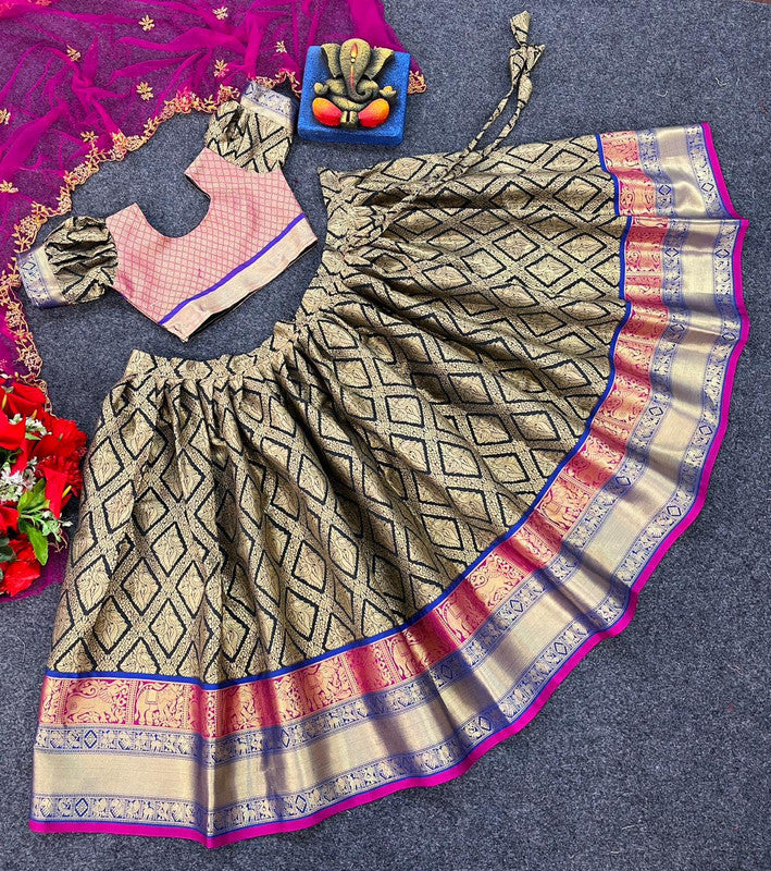 Pink & Gold Coloured Kanjivaram Soft Silk with Zari Weaving contrast Girls Kids Lehenga Choli with Dupatta!!