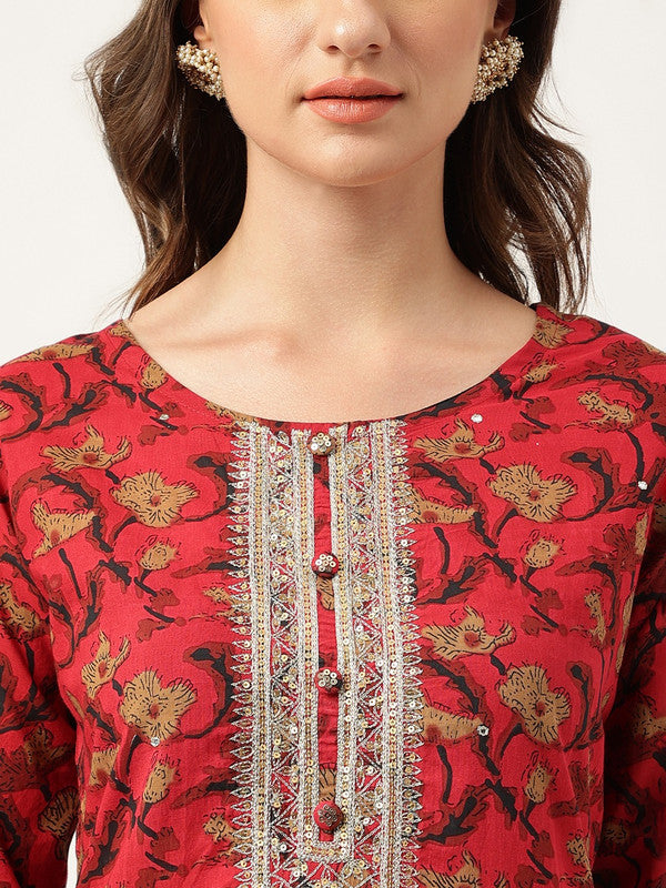 Maroon Coloured Floral Printed Round Neck 3/4 Sleeves Straight shape Women Designer Party wear Pure Cotton Kurti with Sharara!!