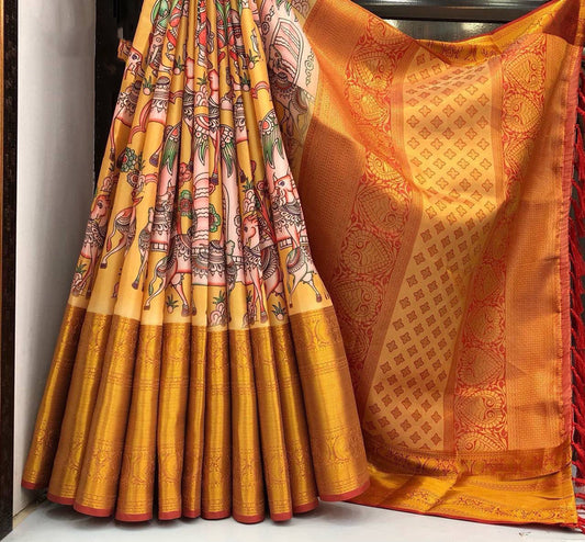 Gold Coloured Kanjivaram Silk Zari weaving with Kalamkari Digital print & Rich Pallu Women Party wear Designer Silk Saree with Blouse!!