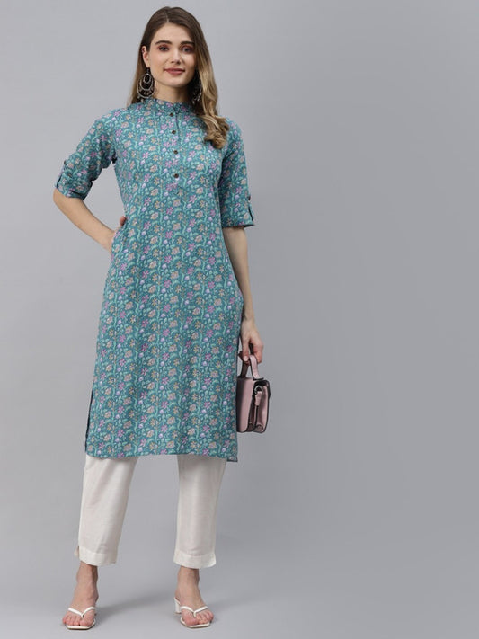 Sea Green Floral Printed Pure Cotton Kurti