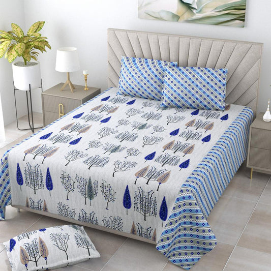 White & Blue Coloured Pure Cotton Exclusive Hand Print Queen size Double Bed sheet with Pillow covers!!