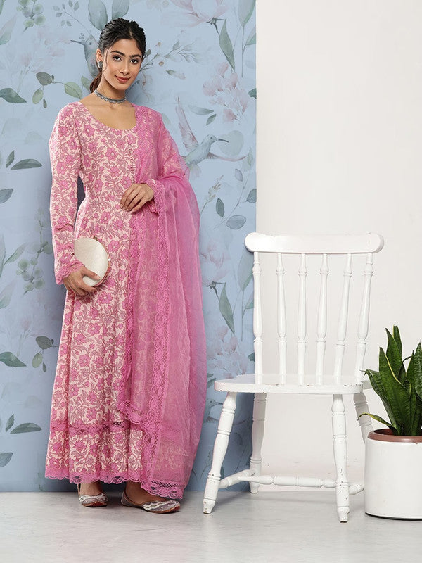 Pink Cotton Floral printed A-line shape Kurta with Trousers & Dupatta!!