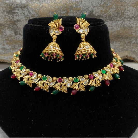 Gold & Multi Coloured Pure Brass Real Kundan Gold Plating with Pearls Women Choker set with Jhumka earrings!!