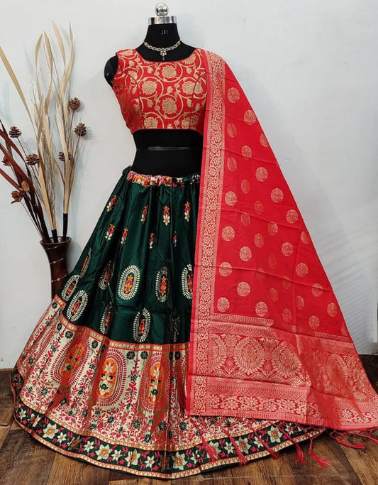 Green & Red Coloured Designer Banarasi Lehenga Choli with Dupatta!!
