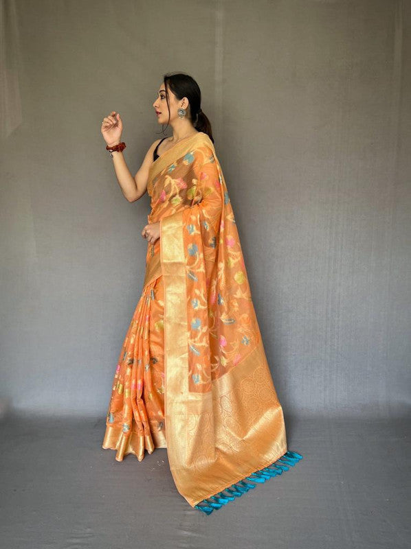 Orange Coloured Pure Organza Tissue Silk with Zari Weaving Meena Work  Women Designer Party wear Silk Saree with Blouse!!