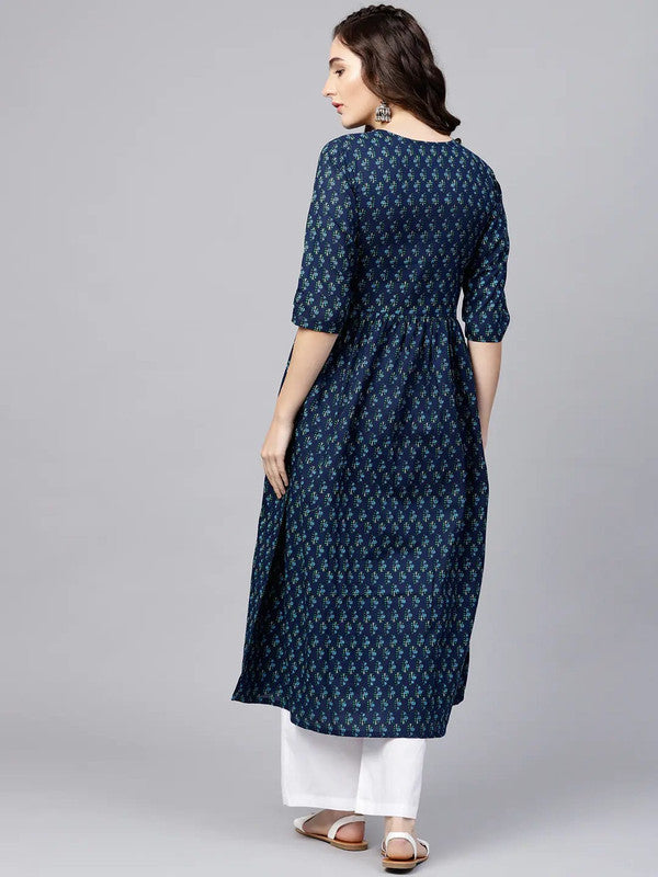 Navy Blue Coloured Pure Cotton with Ethnic floral print Women Designer Party wear A-line Kurti with palazzo pants!!