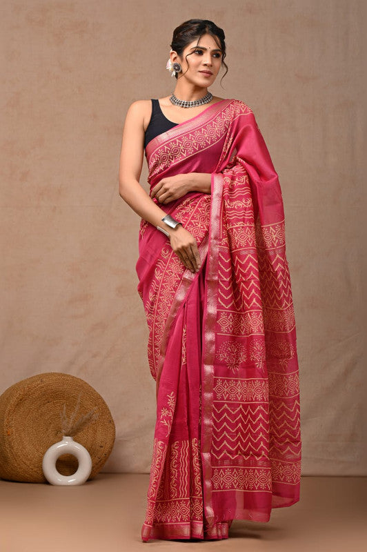 Dark Pink & Multi Coloured Hand Block Printed Women Designer Party wear Maheshwari Cotton Silk Saree with Runnin Blouse!!