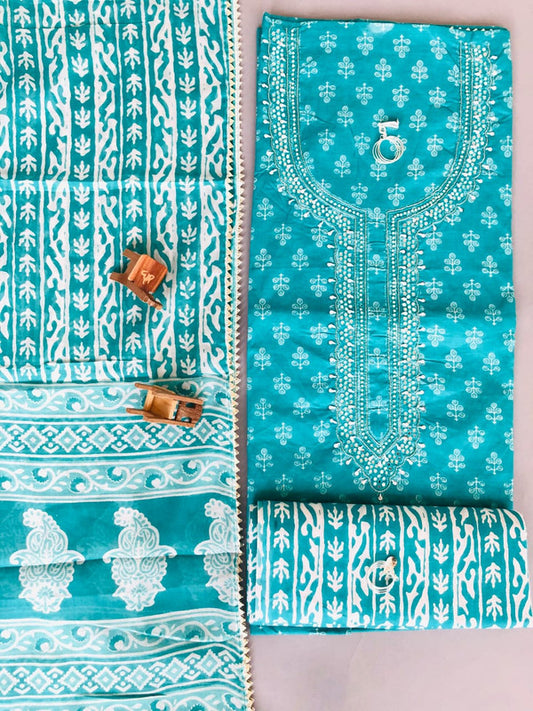 Aqua Blue & White Coloured Cotton Unstitched Hand Block Printed Women Party/Daily wear Dress Material Suit- Top with Bottom & Cotton Dupatta!!