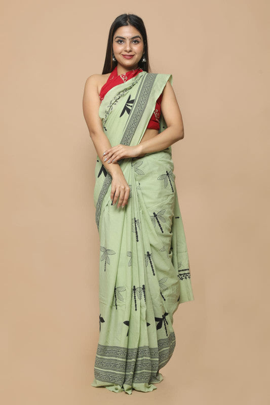 Pista Green & Red Coloured Beautiful Hand Block printed Women Daily/Party wear Pure Mul Cotton Saree with Blouse!!