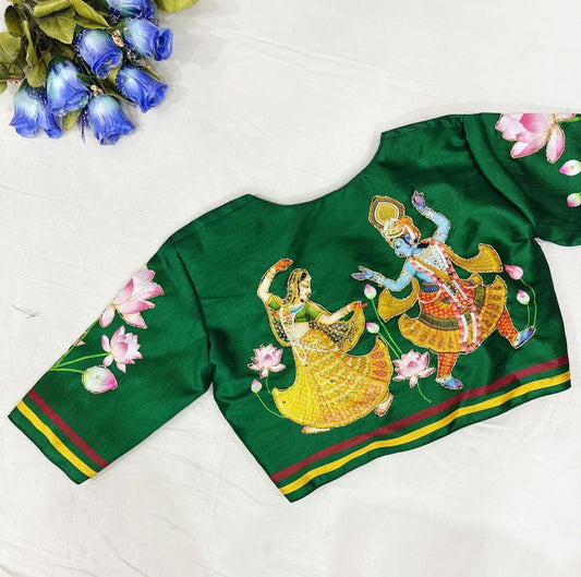 Radha Krishna Green Pure Silk Handmade work Readymade Blouse!!