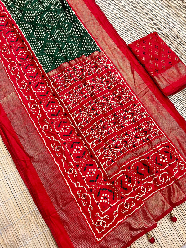 Maroon & Green Coloured Soft Dolla Silk Patola Design with Heavy Foil Print & Fancy Tussels Women Party wear Saree with Blouse!!