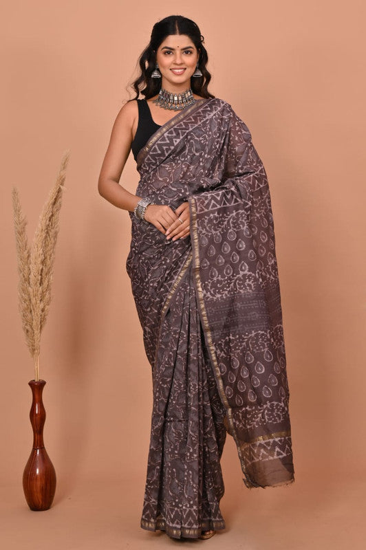 Brown & Off White Coloured Hand Block Printed Women Designer Party wear Chanderi Cotton Silk Saree with Runnin Blouse!!