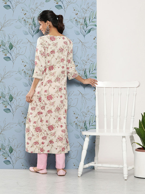 Off white Cotton Floral Printed A-line shape Kurti!!