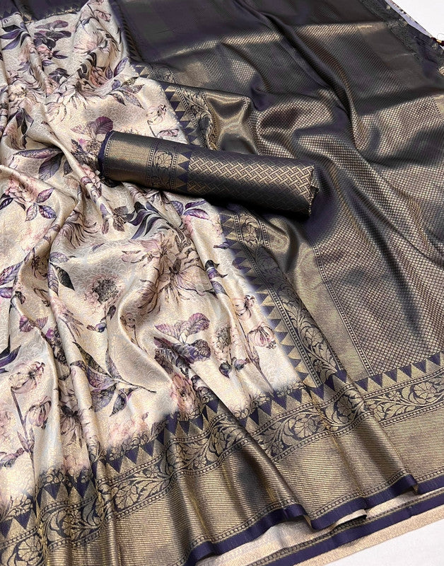 Grey & Multi Coloured Jacquard Handloom Silk with Fancy Latkan Women Party wear Saree with Fancy Blouse!!