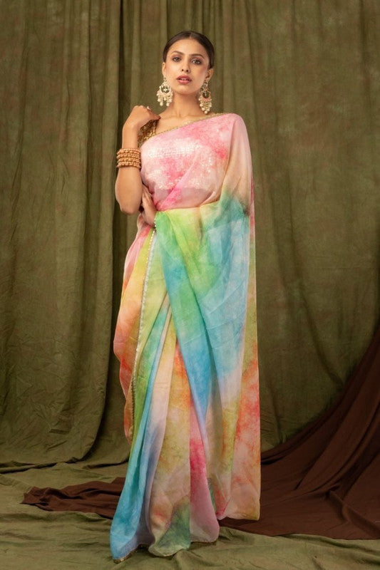 Pink & Multi Coloured Premium Khadi Organza with Digital print Women Party wear Oranza Silk Saree with Blouse!!