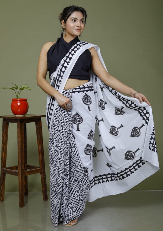 White & Black Coloured Hand Printed Super dying Quality Mul Cotton Women Daily wear Saree with Blouse!!