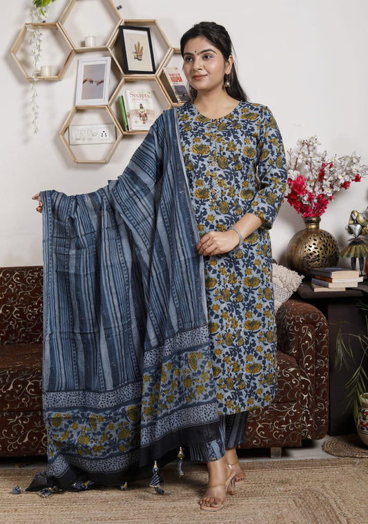 Grey & Light Green Coloured Exclusive Pure Cotton Printed Designer Partywear Kurti with Salwar & Dupatta with Tassels!!