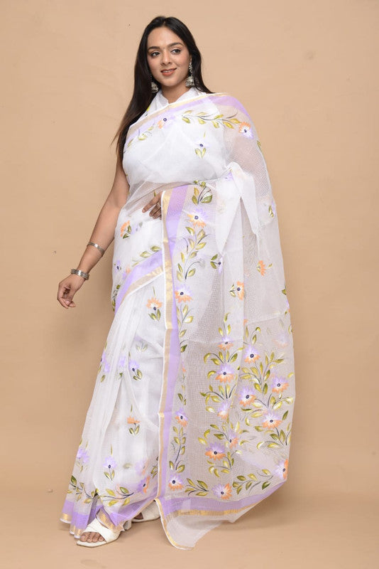 White with Purple & Multi Coloured Kota Doria Cotton Hand block Print with Jari Border Women Designer Party wear Kota Doria Cotton Saree with Blouse!!