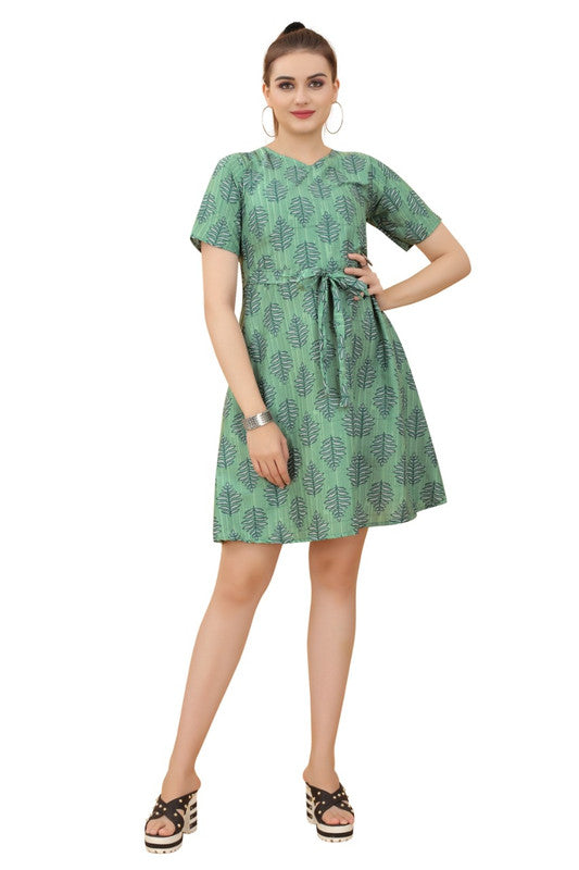 Pista Green & Multi Coloured Premium Crepe Printed Short Sleeves Round Neck Women Daily wear Western Dress!!