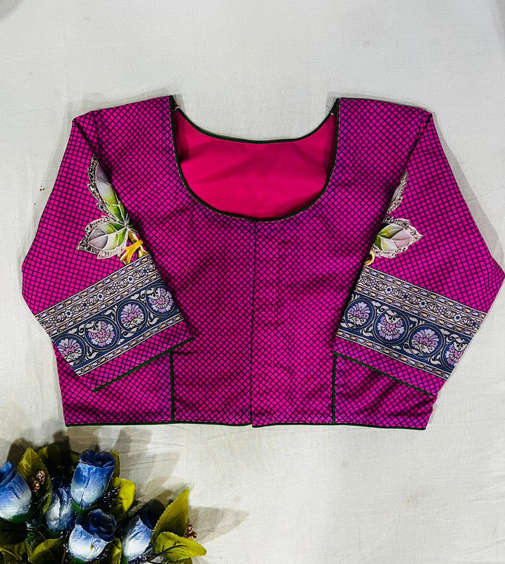 Dark Pink Coloured Pure Cotton with Traditional Print Woman Ready made Designer Botique Style Blouse- Free Size Up to 42 Inch!!