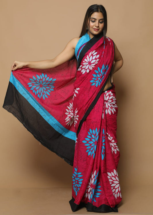 HAND PRINTED MUL COTTON SAREE