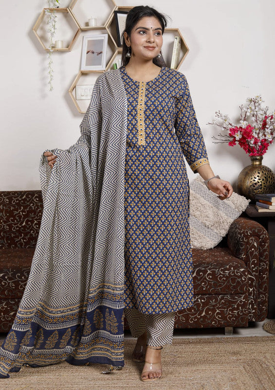 Blue & Grey Coloured Pure Cotton with Print & Taussal Work Women Designer Party wear Kurti with Salwar & Dupatta!!