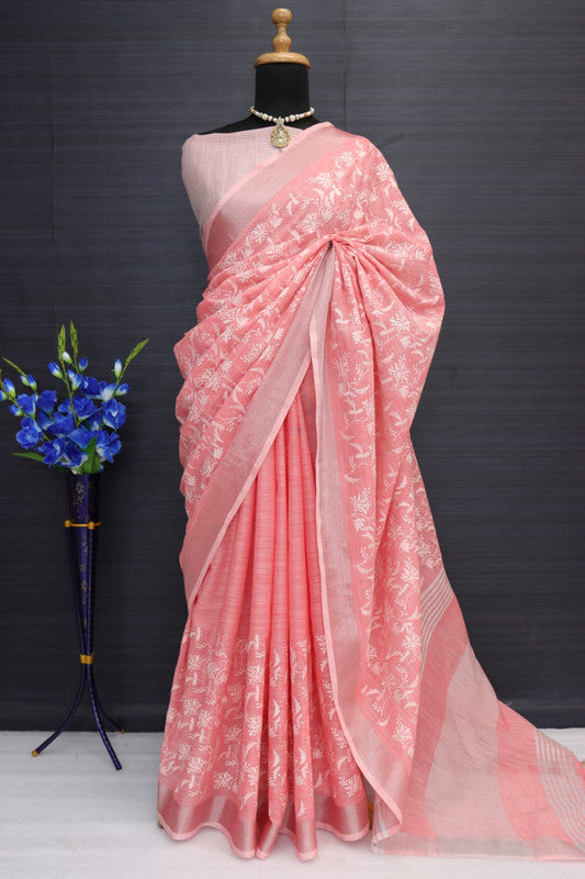 Pink Coloured Luknawi Chiken Work Handloom Linen Cotton with Fancy Tassels Women Designer Party wear Saree with Blouse!!