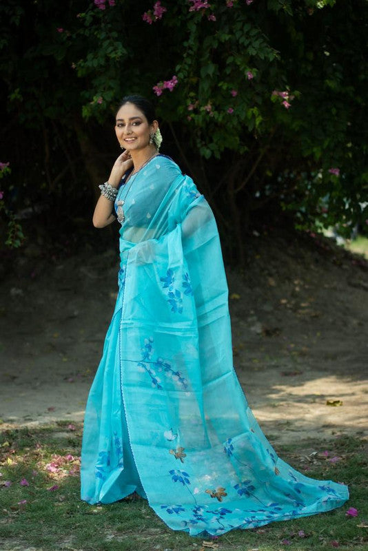 Aqua Blue Floral Embroidery Crepe Silk Wedding Guest Saree-MH22614 – Mohi  fashion