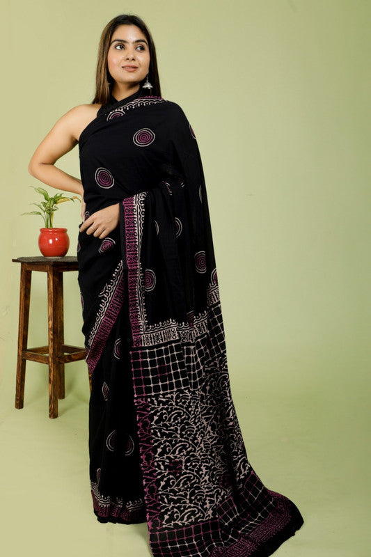 BEAUTIFUL BLACK HAND PRINTED MUL COTTON SAREE!!