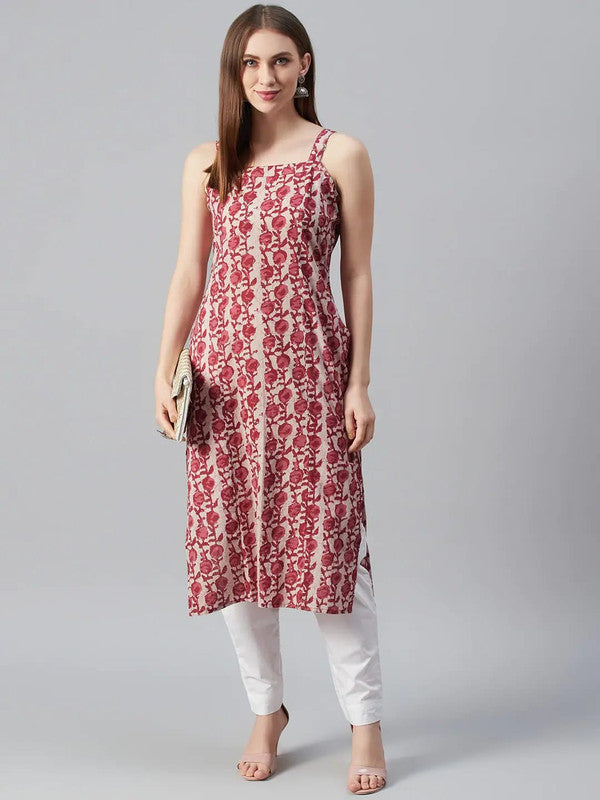 Pink Coloured Pure Cotton Printed Side slits Shoulder Straps Women Designer Party wear Straight Kurti!!