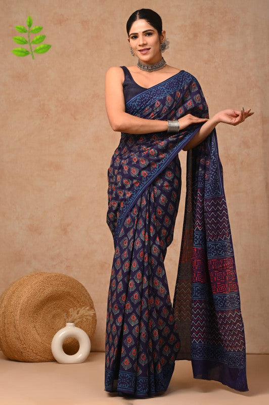 Blue & Multi Coloured Beautiful Hand Block printed Women Daily/Party wear Pure Cotton Saree with Blouse!!