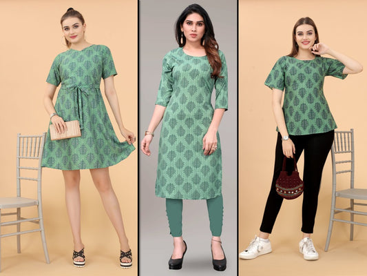 Light Green Coloured Premium Crepe Printed Women Daily wear Kurti, Western Top & Western Dress Combo ( 3 Pcs )!!