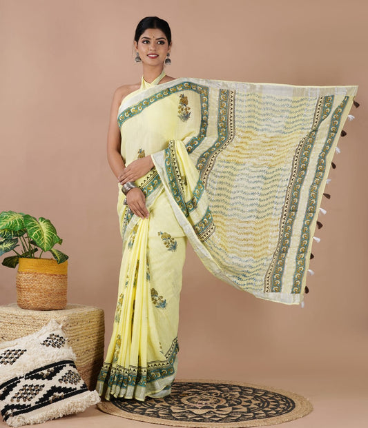 LINEN COTTON HAND PRINTED  SAREE WITH TAUSSAL