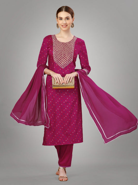 Rani Coloured With Embroidery & Sequence Work Women Designer Party/Casual wear Silk Blend Kurti with Pant & Dupatta!!
