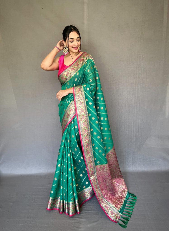 Green & Multi Coloured Gold Zari Weaving with Rich Pallu & Meenakari Border Women Party wear Pure Silk Saree with Blouse!!