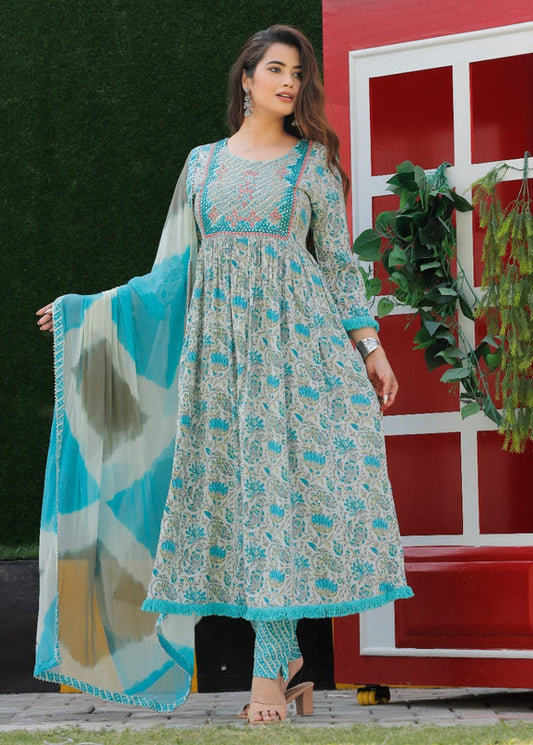 Beautiful Printed With Zari Embroidery Kurti with Bottom & Dupatta!!