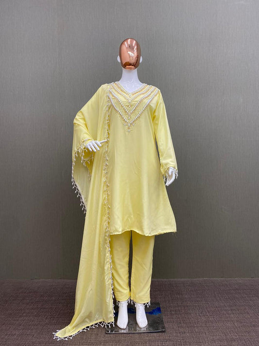 Yellow Coloured Muslin Silk with Heavy Hand work Moti Lace work Women Fully Stitched Designer Party wear Top with Pant & 4 Side Lace Border Dupatta!!